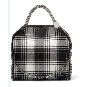 STELLA MCCARTNEY Wool Falabella 2Way Hand Bag Black White Plaid Silver Chain